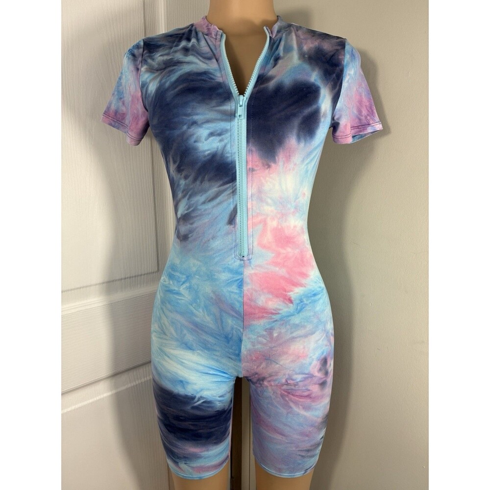 NEW Womens Cycling Shorts Bodysuit sz S active one piece tie-dye biker zipper